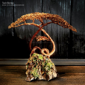 wire bonsai tree leaves Twin Entwined Bonsai Tree Copper Wire Tree on Ohko Dragon Stone Friendship love Tree Sculpture – Elysian Workshop