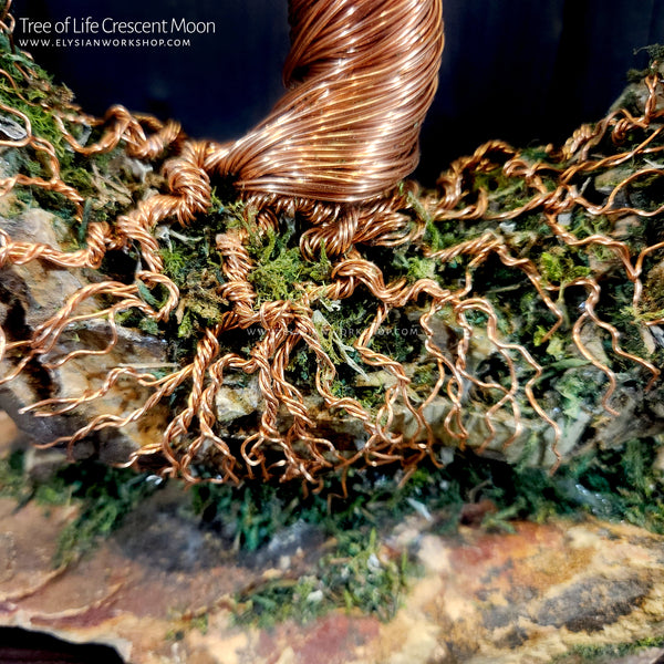 Tree of Life Crescent Moon Copper Wire Yggdrasil Tree on Ohko Dragon Stone