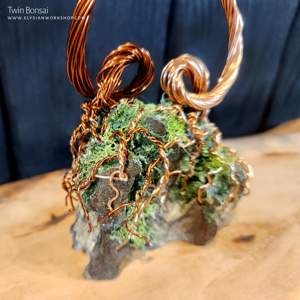 artful bonsai tree merge dragons Twin Entwined Bonsai Tree Copper Wire Tree on Ohko Dragon Stone Friendship love Tree Sculpture – Elysian Workshop