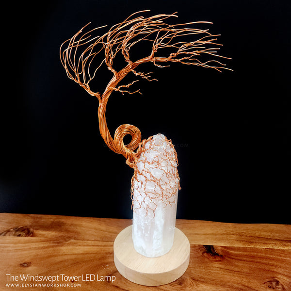 Windswept Tower Tree LED Lamp Copper Selenite Wire Bonsai Mood Night Light