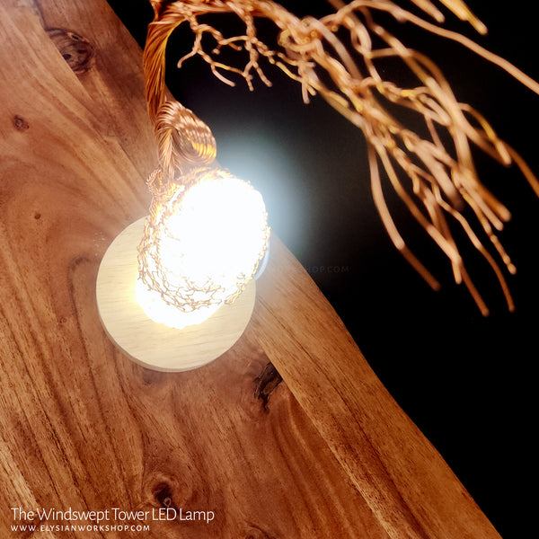 Windswept Tower Tree LED Lamp Copper Selenite Wire Bonsai Mood Night Light