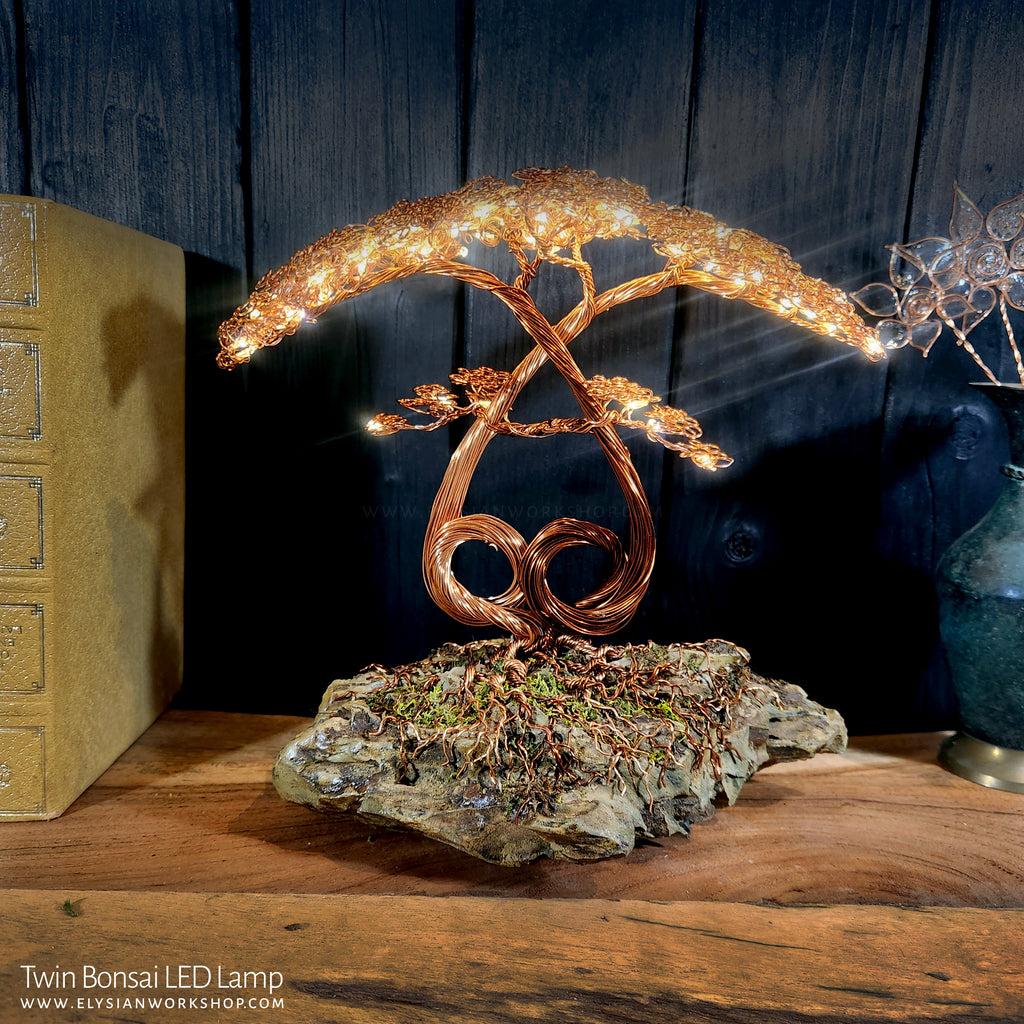 bonsai tree night light Twin Entwined Bonsai Tree Copper Wire Tree on Ohko Dragon Stone Friendship love Tree Sculpture – Elysian Workshop