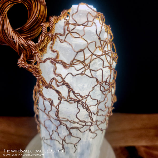Windswept Tower Tree LED Lamp Copper Selenite Wire Bonsai Mood Night Light