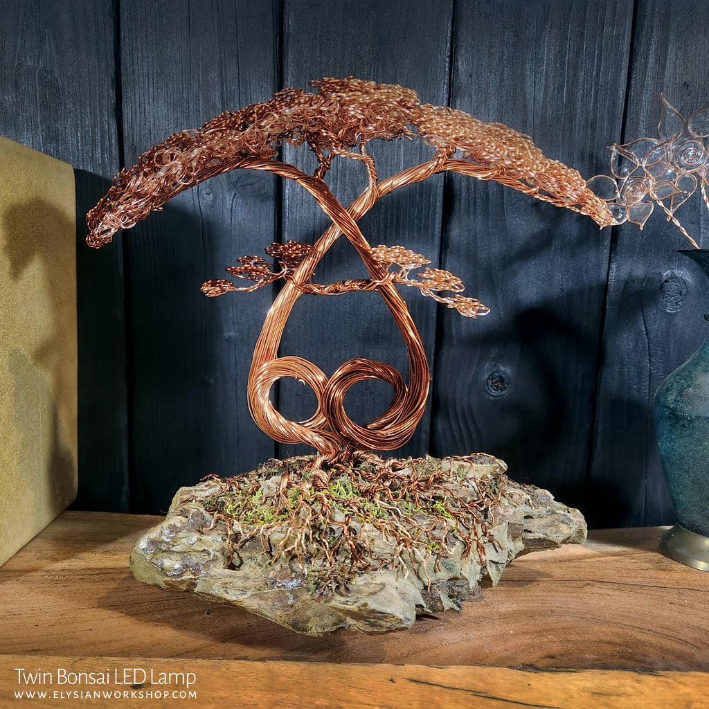 bonsai lighted tree Twin Entwined Bonsai Tree Copper Wire Tree on Ohko Dragon Stone Friendship love Tree Sculpture – Elysian Workshop