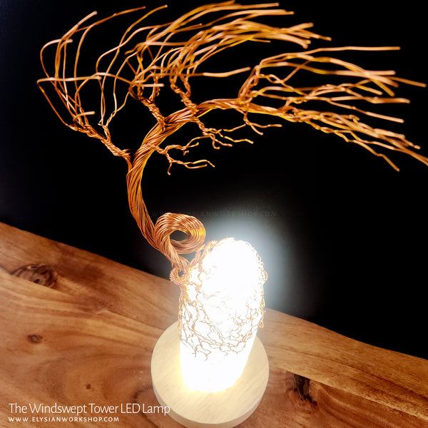 Windswept Tower Tree LED Lamp Copper Selenite Wire Bonsai Mood Night Light