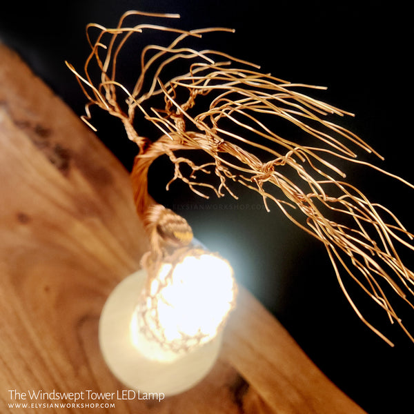Windswept Tower Tree LED Lamp Copper Selenite Wire Bonsai Mood Night Light