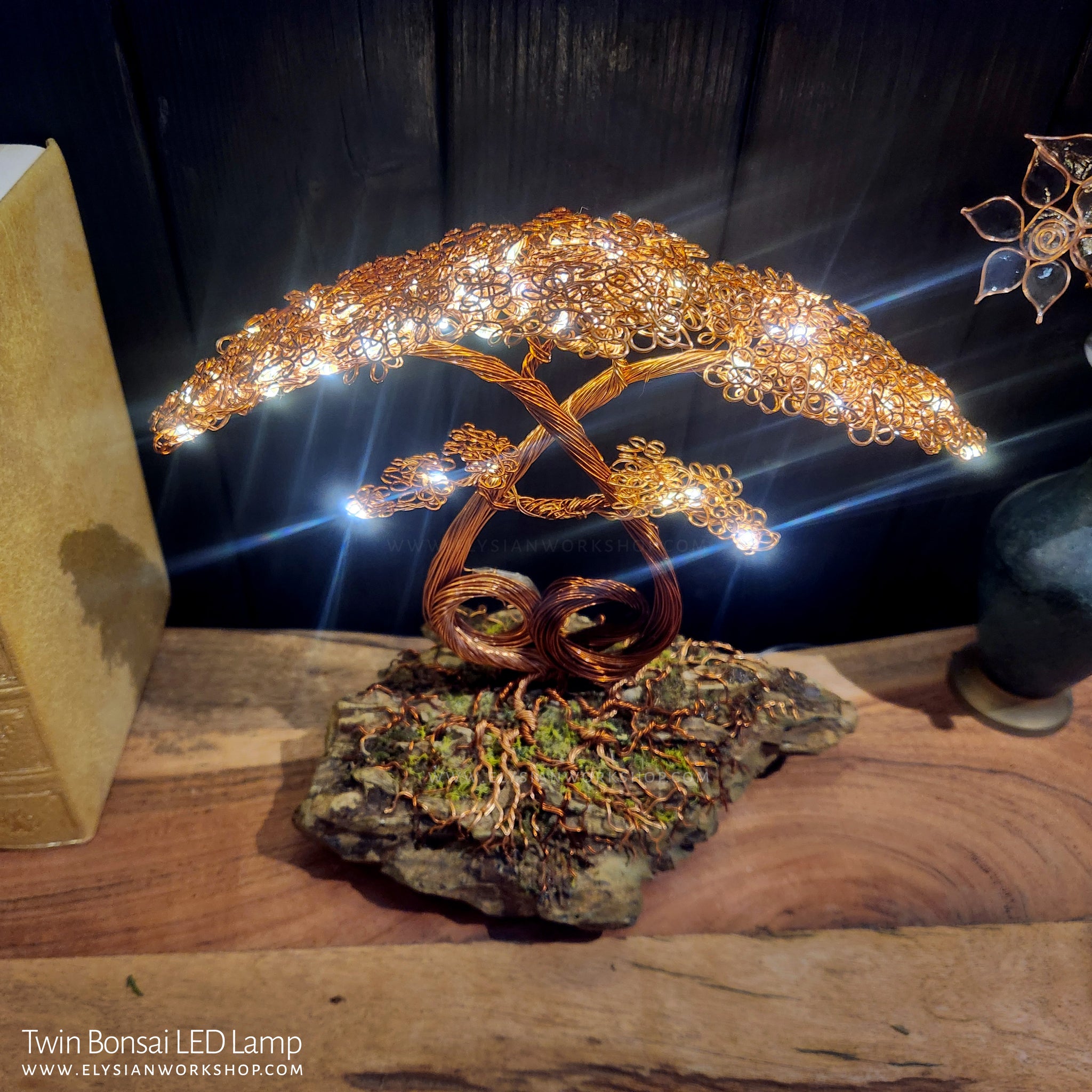 bonsai tree night light Twin Entwined Bonsai Tree Copper Wire Tree on Ohko Dragon Stone Friendship love Tree Sculpture – Elysian Workshop