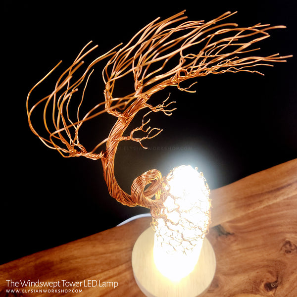 Windswept Tower Tree LED Lamp Copper Selenite Wire Bonsai Mood Night Light