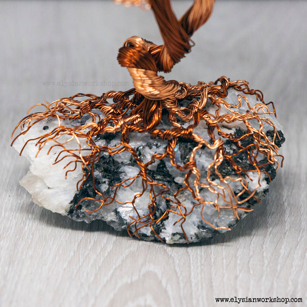 Large Copper Wire Twin Cascade Trees Silver and Copper on a Rainbow Moonstone Crystal
