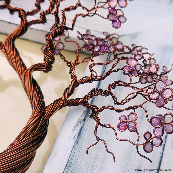 Cherry Blossom Wire Bonsai Tree Sculpture with The Road Not Taken by Robert Frost Hand Typed and Aged Page in Frame