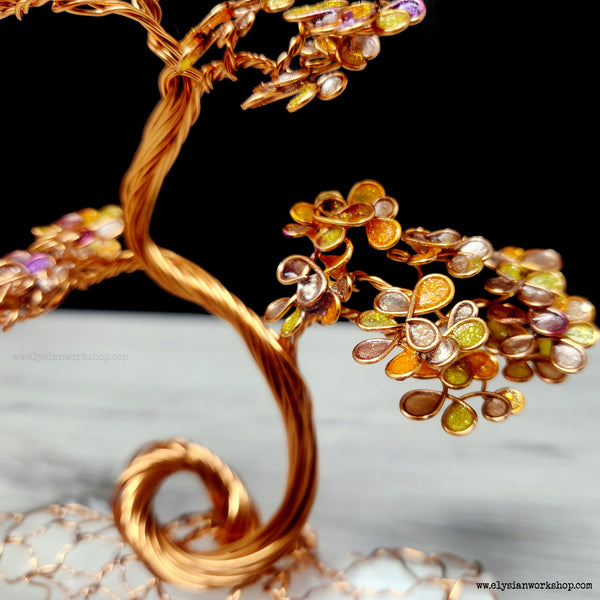 Medium Copper Wire Bonsai Tree on Selenite Crystal - Autumn Fall Japan Japanese Art Decor Sculpture Metal Bonsai Art