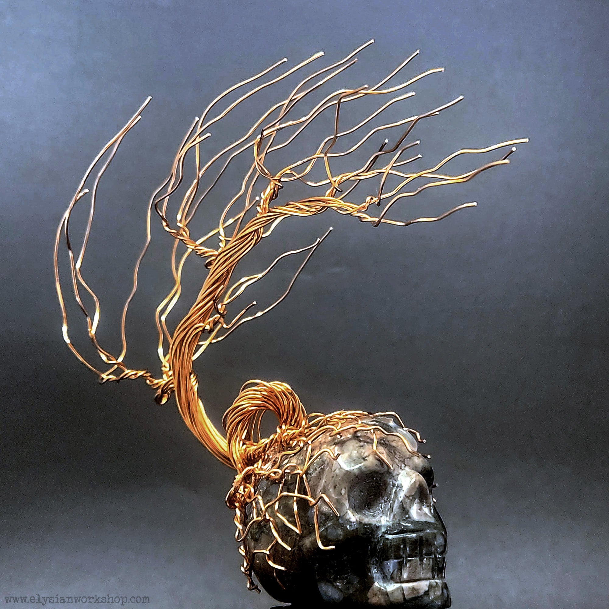 skull bonsai tree Wind Swept Copper Wire Bonsai Tree on Moss Agate Crystal Skull – Elysian Workshop