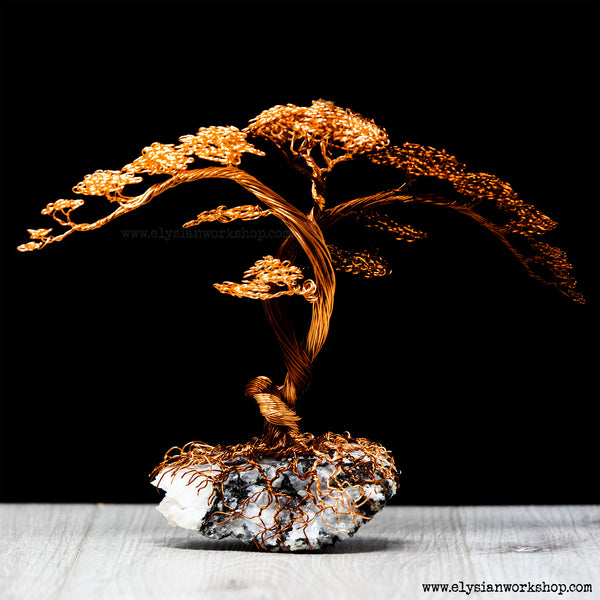 Large Copper Wire Twin Cascade Trees Silver and Copper on a Rainbow Moonstone Crystal