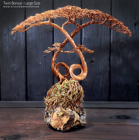 Twin Bonsai Tree Copper Wire Tree on Ohko Dragon Stone - Large