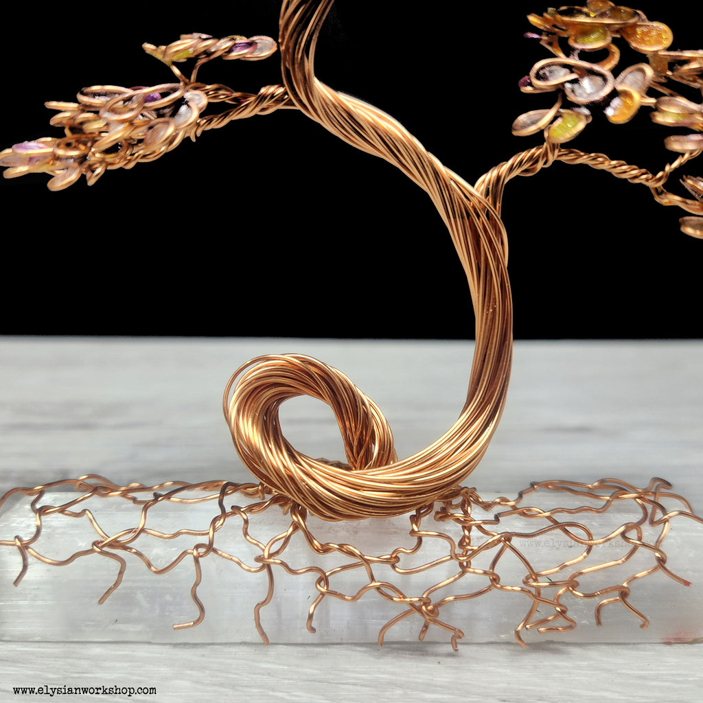 steel bonsai tree Medium Copper Wire Bonsai Tree on Selenite Crystal