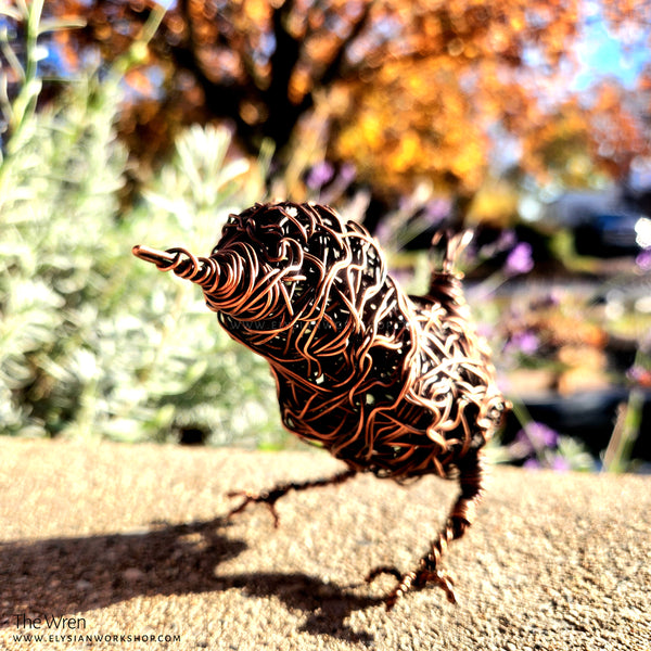 Copper Wren Sculpture Wire Bird Lover Handmade Decor Minimalistic Rustic Art Housewarming Wedding