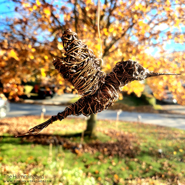 Copper Hummingbird Sculpture Wire Bird Lover Statue Handmade Decor Minimalistic Rustic Art Housewarming Wedding Hanging Indoor Outdoor