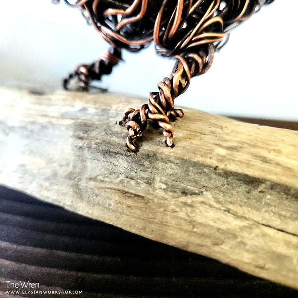 Copper Wren on Driftwood Sculpture Wire Bird Lover Handmade Decor Minimalistic Rustic Art Housewarming Wedding