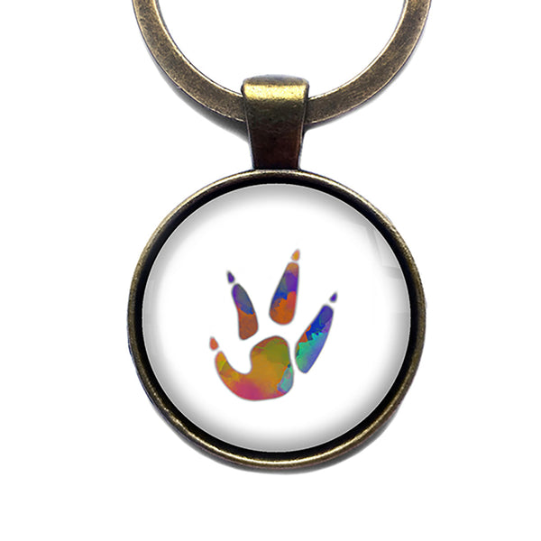 Chicken Paw Print Rainbow Watercolor Antique Bronze Keychain