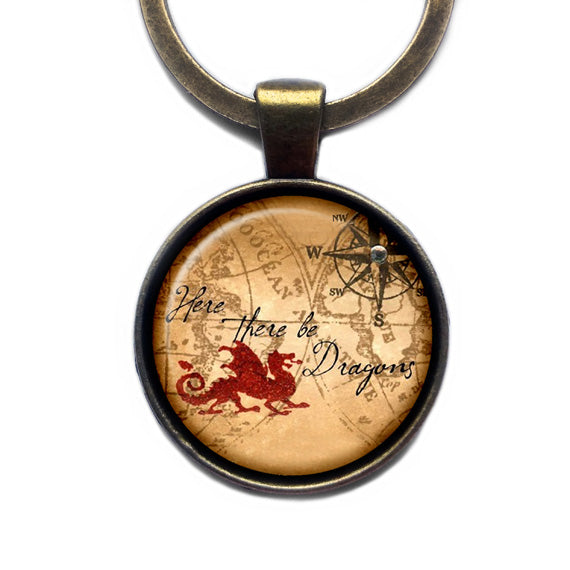 Ancient Map Here there be Dragons Ardently Bronze Keychain