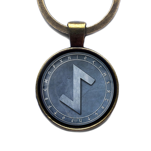 Viking Runes Elder Futhark Rune Circle AE Eihwaz Yew Tree Antique Bronze Keychain