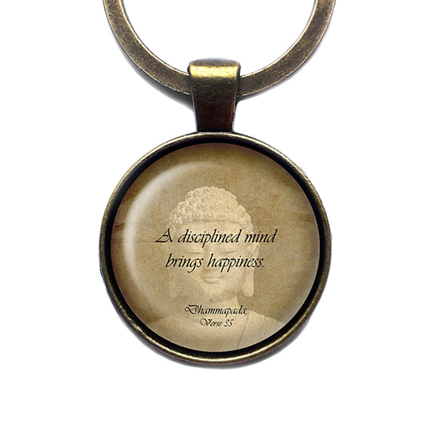 The Buddha Dhammapada Verse 35 Disciplined Mind Brings Happiness Antique Bronze Keychain