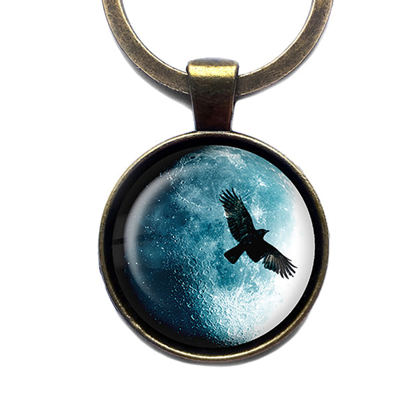 Halloween Full Moon Raven Antique Bronze Keychain