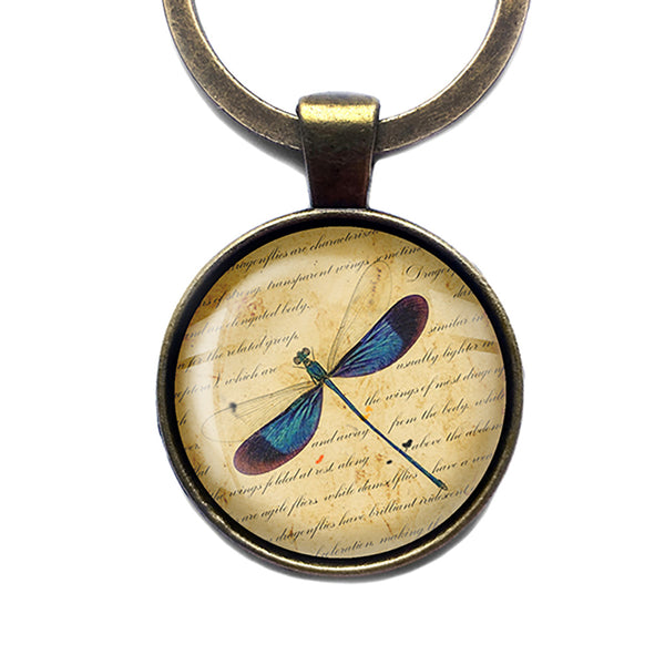Blue Dragonfly on Parchment Antique Bronze Keychain
