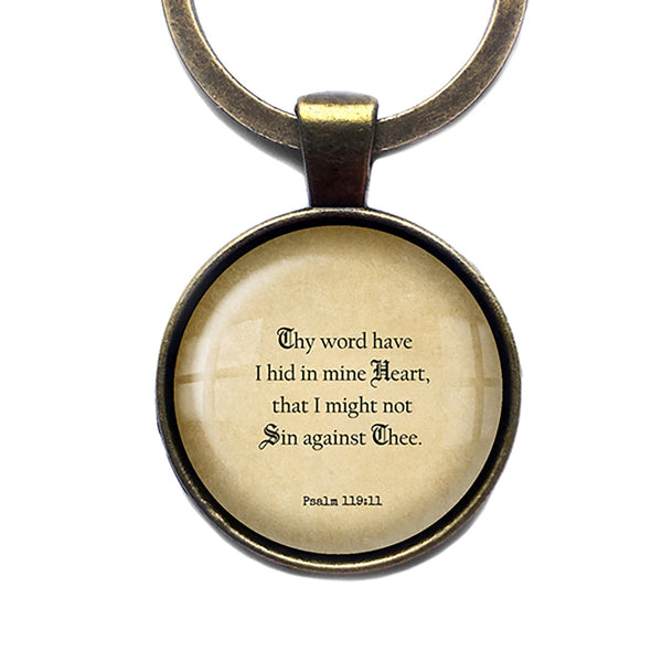 Psalm 119:11 Thy Word have I Hid in Mine Heart King James Version KJV Bible Antique Bronze Keychain