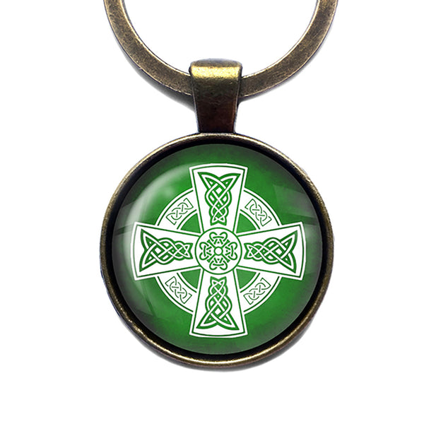Celtic Cross White on Green Bronze Keychain
