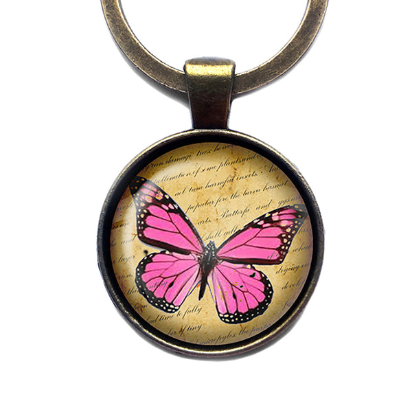Pink Butterfly Antique Bronze Keychain