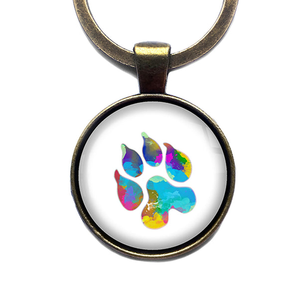 Leopard Paw Print Rainbow Watercolor Antique Bronze Keychain