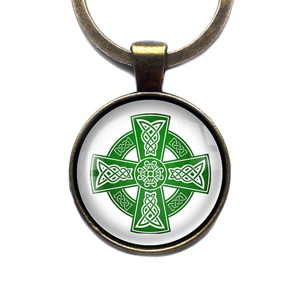 Celtic Cross Green on White Bronze Keychain