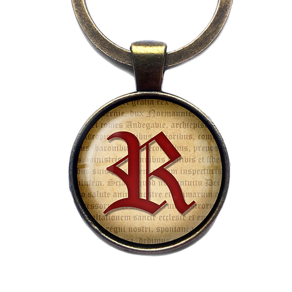 R Letter Old English Gothic Blackletter Magna Carta Antique Bronze Keychain