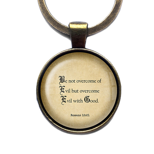 Romans 12:21 Be Not Overcome of Evil King James Version KJV Bible Antique Bronze Keychain
