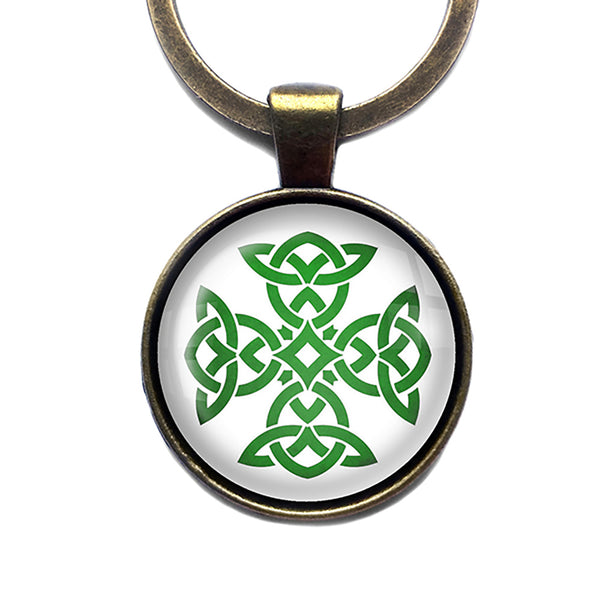 Celtic Knot Cross Green on White Bronze Keychain
