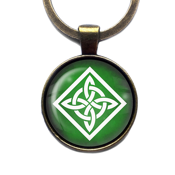 Celtic Knot Square White on Green Bronze Keychain