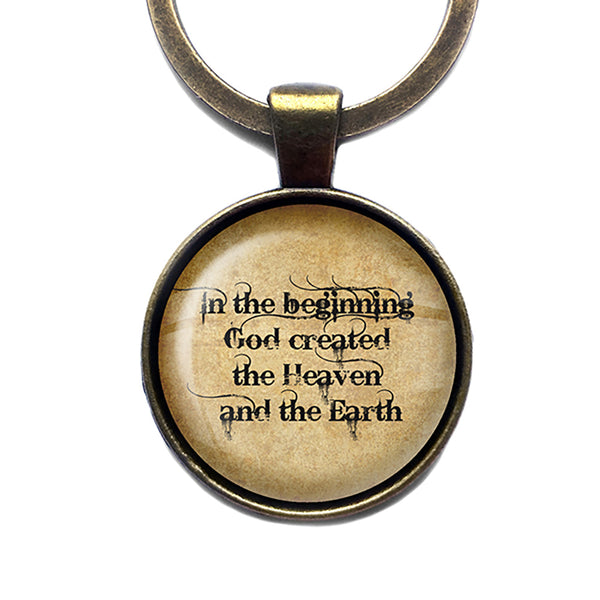 Genesis 1:1 God Created Heaven Earth King James Version KJV Bible Antique Bronze Keychain