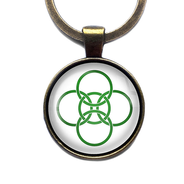 Celtic Five Fold Circle Green on White Bronze Keychain