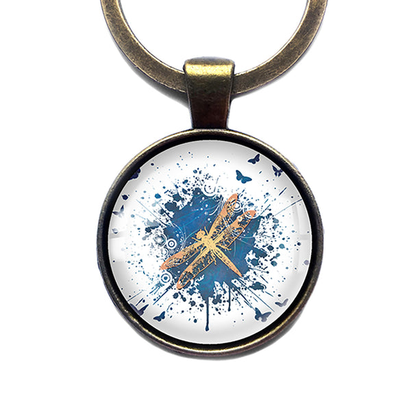 Blue Gold Grunge Dragonfly and Butterflies Antique Bronze Keychain