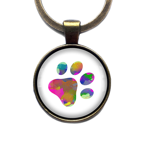 Dog Paw Print Rainbow Watercolor Antique Bronze Keychain