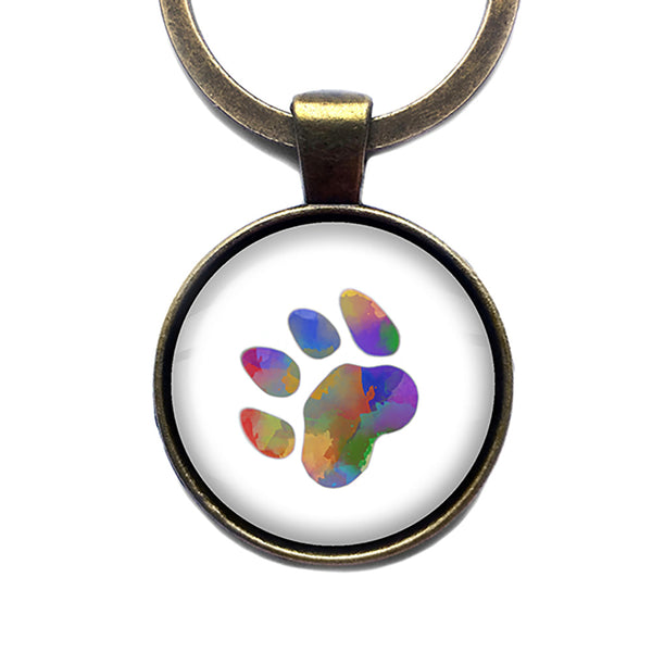 Cat Paw Print Rainbow Watercolor Antique Bronze Keychain