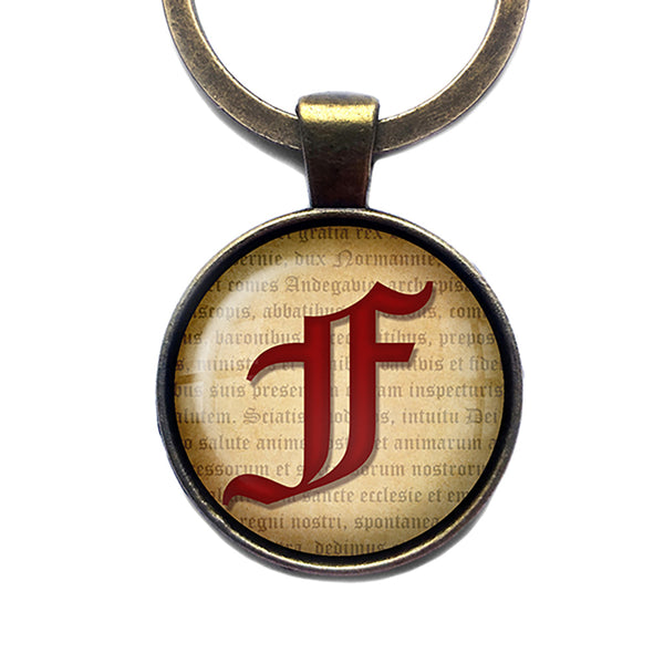 F Letter Old English Gothic Blackletter Magna Carta Antique Bronze Keychain