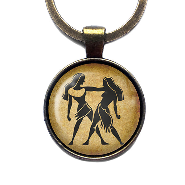 Zodiac Symbol Astrology Gemini Bronze Keychain