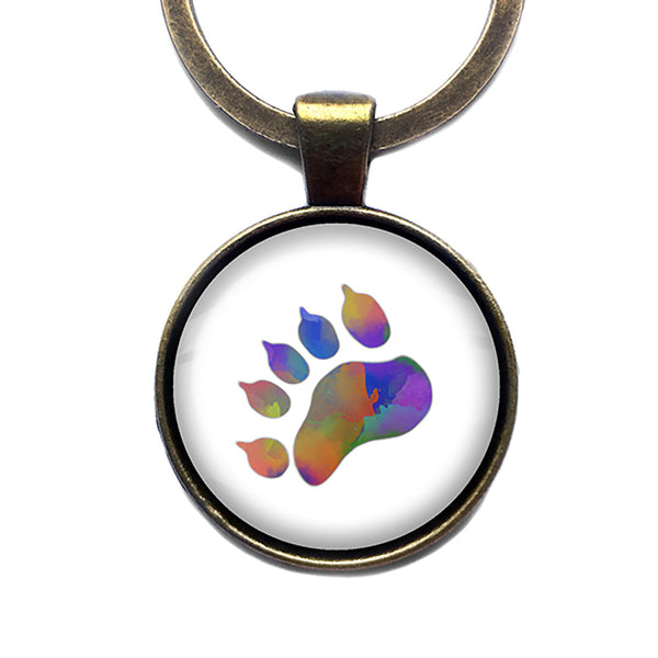 Bear Paw Print Rainbow Watercolor Antique Bronze Keychain