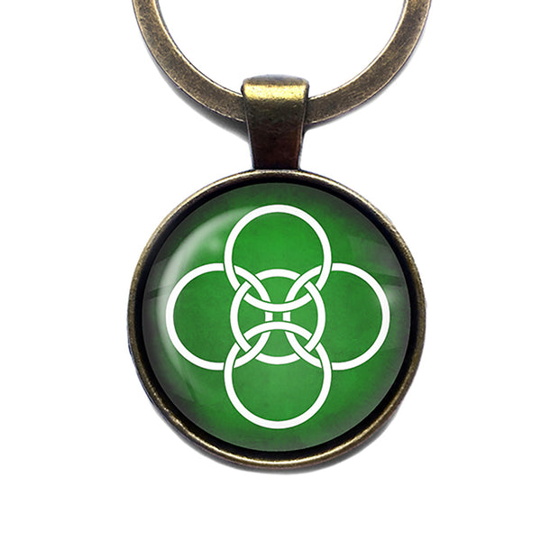 Celtic Symbol Celtic Symbol Five Fold Circles White on Green Bronze Keychain