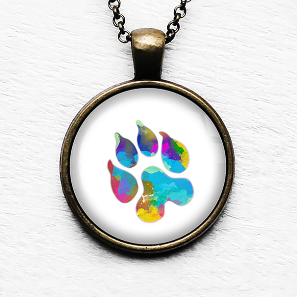 Leopard Paw Print Rainbow Watercolor Pendant & Necklace
