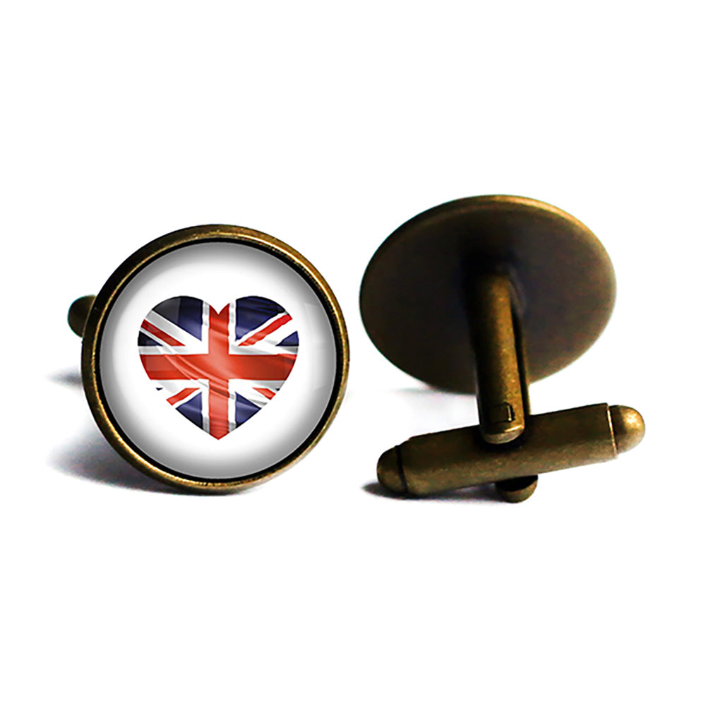 UK United Kingdom Flag Heart Antique Bronze Cufflinks