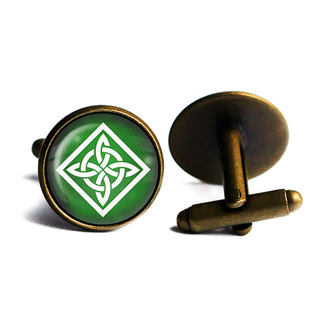 Celtic Knot Square White on Green Antique Bronze Cufflinks