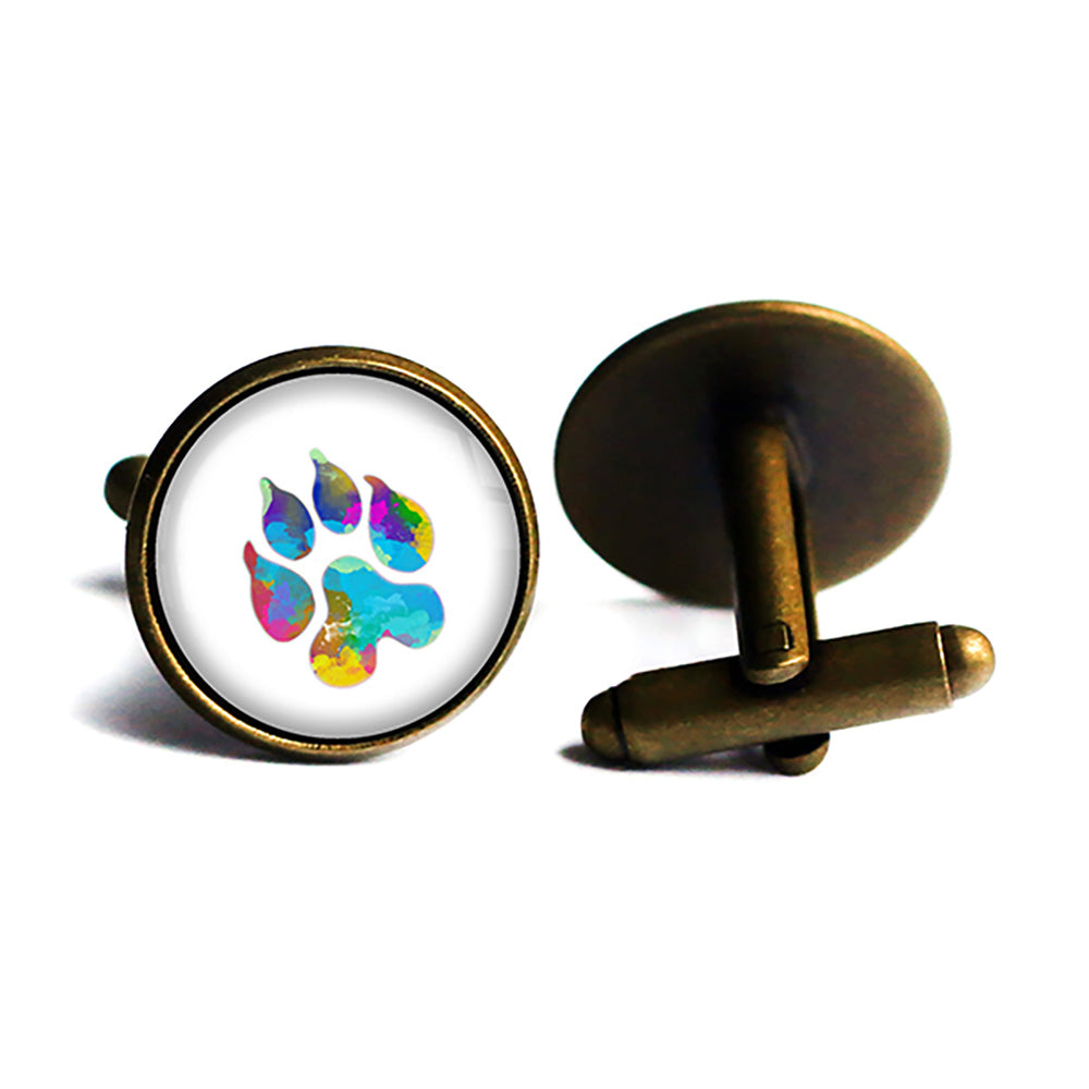 Leopard Paw Print Rainbow Watercolor Antique Bronze Cufflinks